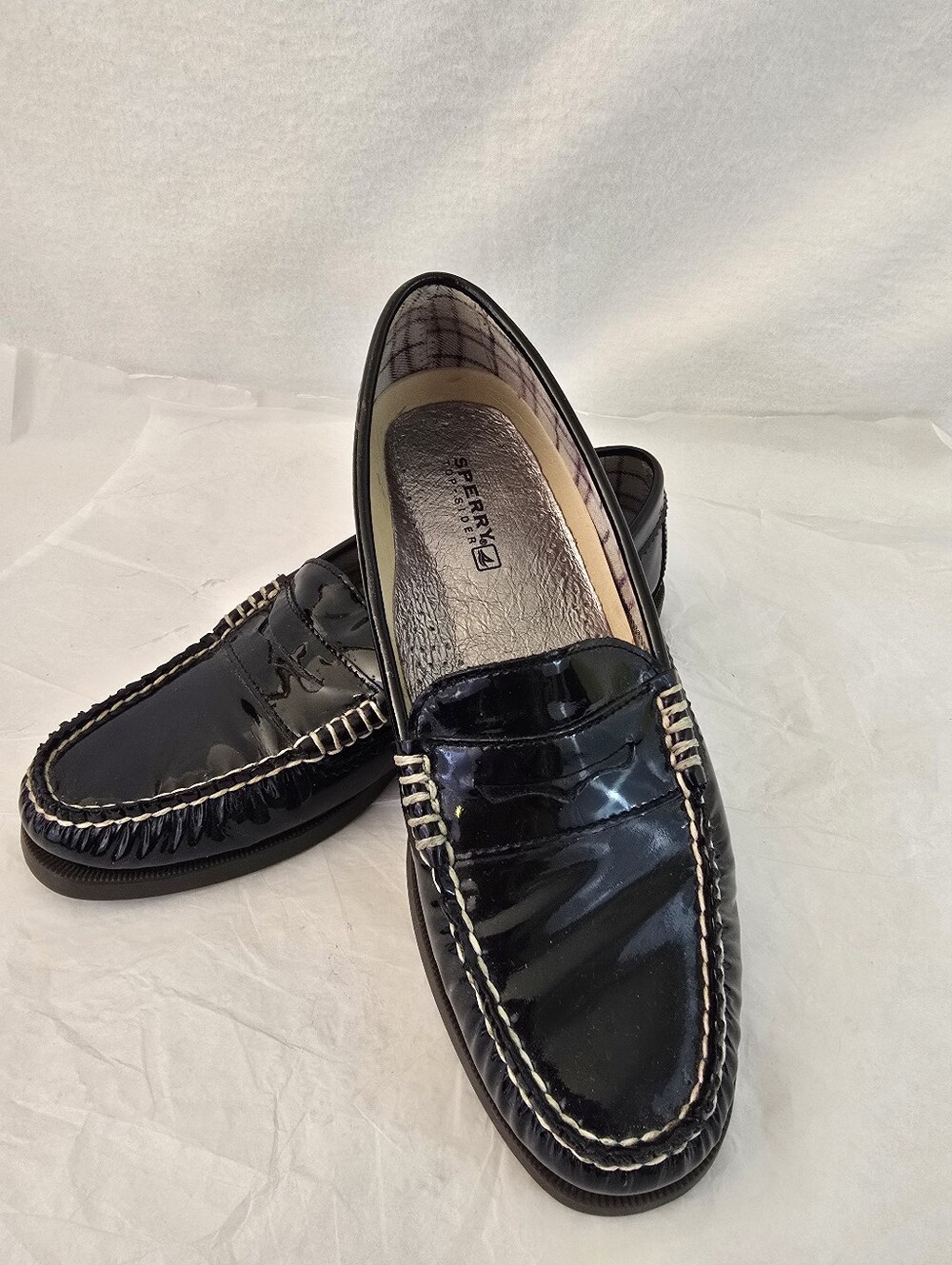 Sperry Top-Sider Women's Black Patent Leather Penny Loafers Size 9M Plaid Lined